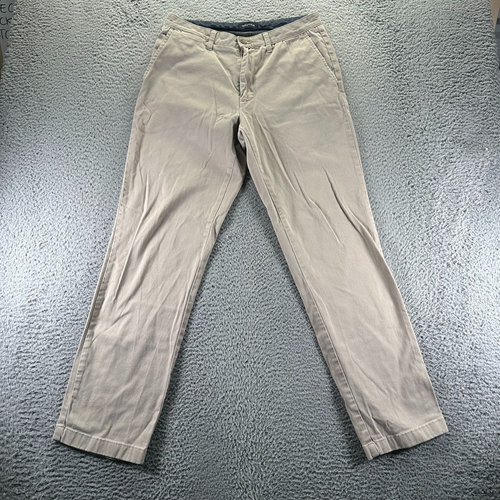 Nautica Pant Mens 32x32 Beige Cotton Chino Straight Stretch Business Classic Fit